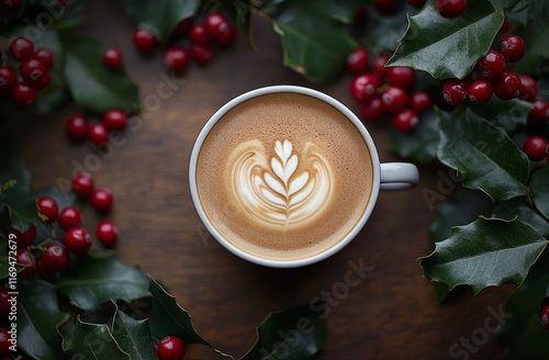 Enjoying a festive latte art coffee surrounded by holly and berries in a cozy...