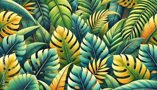 Wallpaper Mural Lush tropical leaf patterns with vibrant green and yellow tones generated with generative AI for nature-themed banners Torontodigital.ca