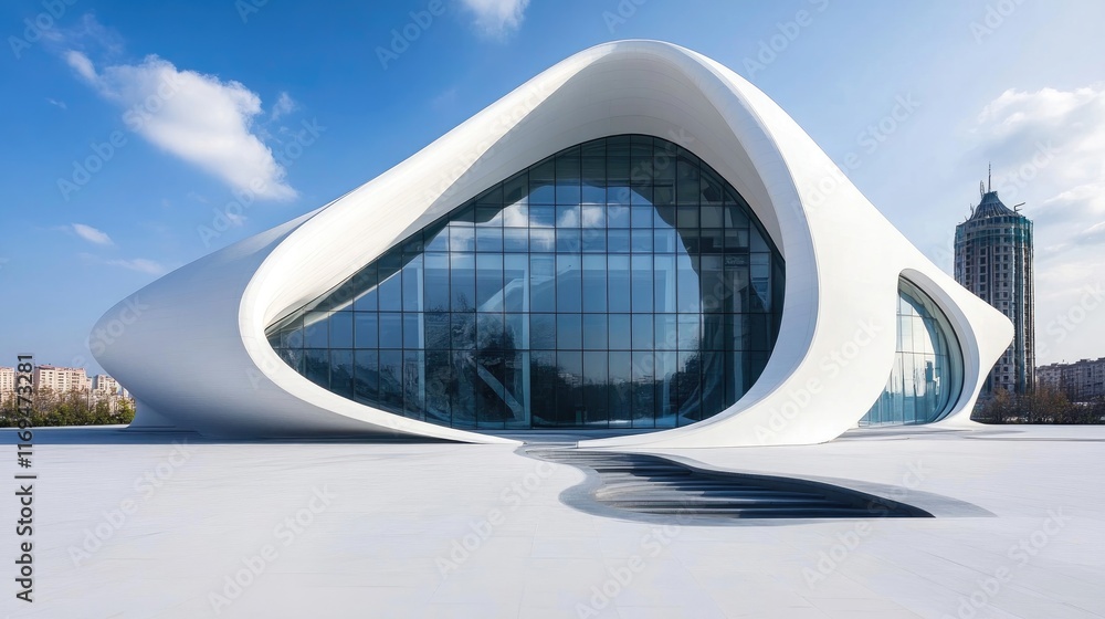 Modern architectural marvel showcasing innovative design against a clear backdrop Modern architectural marvel showcasing innovative design against a clear backdrop