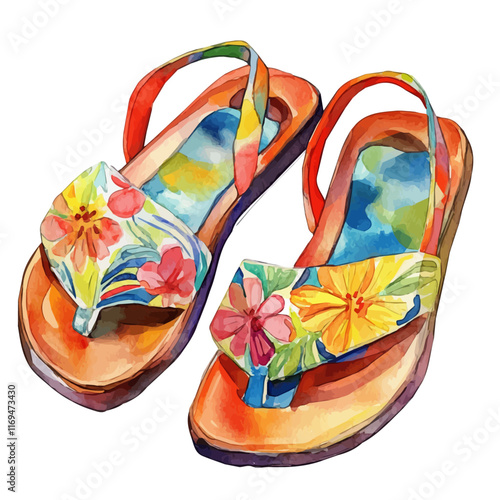 A watercolor vector painting of a comfy summer sandal with patterns, isolated on a white background. Comfy summer sandal vector.

