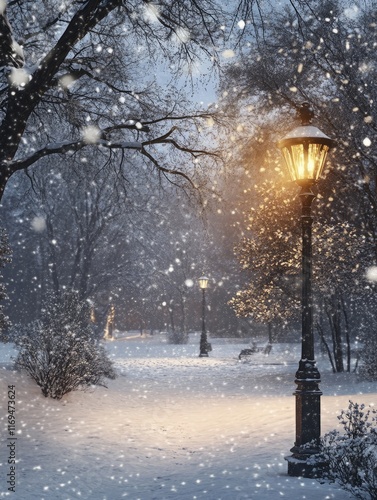 Snowy Park Scene With Illum...