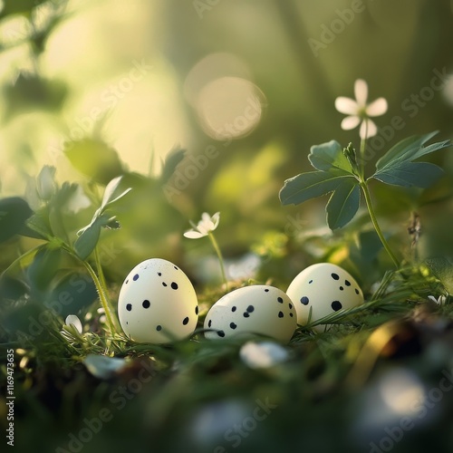 Colorful eggs hidden in lush grass with flowers during golden hour in a seren...