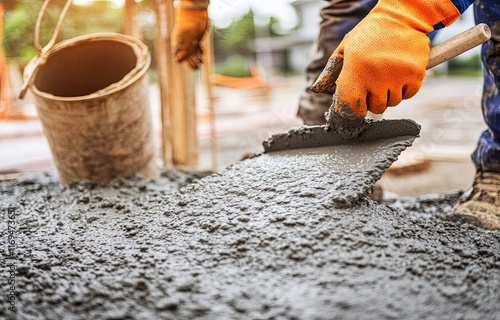 A concrete worker and a plasterer are busy with the wall at a house construction site photo