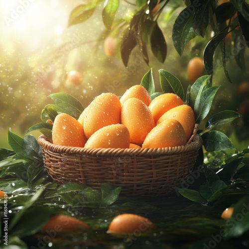 Freshly harvested ripe mangoes in a lush orchard basking in sunlight after a ...