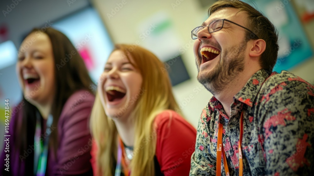 Obraz premium Laughter connects us all in a joyful moment. This lively scene captures the essence of happiness and camaraderie. Discover these shared smiles. Generative AI