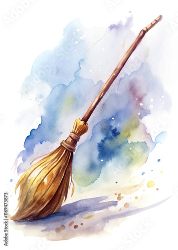 Watercolor broom illustration, soft pastel colors, artistic design, home cleaning tool, whimsical style, decorative art.