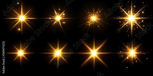 Bright golden starburst effects shining against a black background in a creative display of light and texture