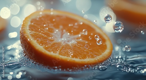 Sliced orange splashes in water creating bubbles and ripples reflecting sunli...