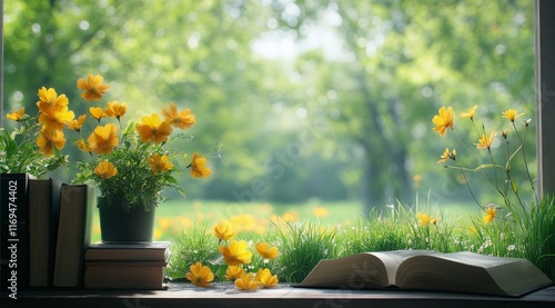 Bright flowers and open book on a sunny windowsill with a lush green landscape