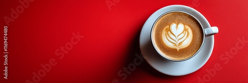 Freshly brewed coffee in a white cup on a vibrant red table photo