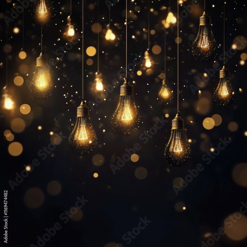 Hanging vintage light bulbs illuminating a dark background with sparkling orb...