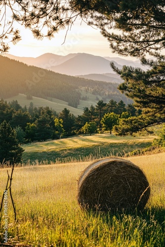 Beautiful sunset over a peaceful rural landscape with a hay bale and mountain...