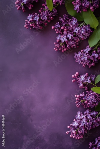 Beautiful purple lilac flowers arranged on a dark background in a decorative ...
