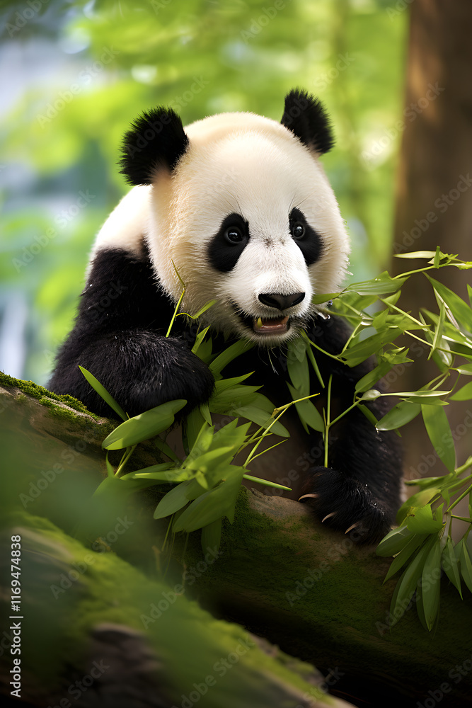 Adorable Giant Panda Enjoying a Bamboo Feast in its Natural Habitat: A tranquil moment in the Heart of the Bamboo Forest Adorable Giant Panda Enjoying a Bamboo Feast in its Natural Habitat: A tranquil moment in the Heart of the Bamboo Forest