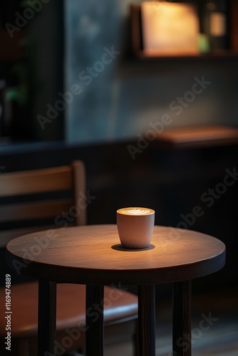 Cute coffee cup with latte art on wooden table in cozy cafe during evening hours