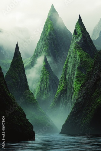 Majestic mountain peaks rise above tranquil ocean waters in a serene landscape
