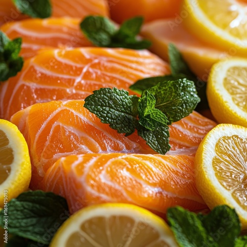 Fresh salmon fillets garnished with lemon slices and mint leaves ready for co...