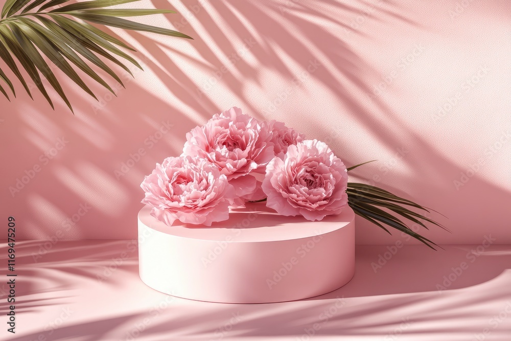 3D podium display, pastel pink background with rose flowers. Peonies flower and palm leaf shadow. Minimal pedestal for beauty, cosmetic product. Valentine, feminine copy space template 3d render 3D podium display, pastel pink background with rose flowers. Peonies flower and palm leaf shadow. Minimal pedestal for beauty, cosmetic product. Valentine, feminine copy space template 3d render
