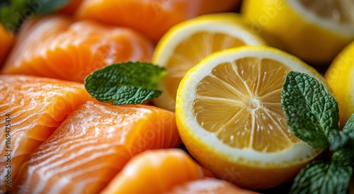 Fresh salmon fillets garnished with lemon slices and mint leaves on a wooden ...