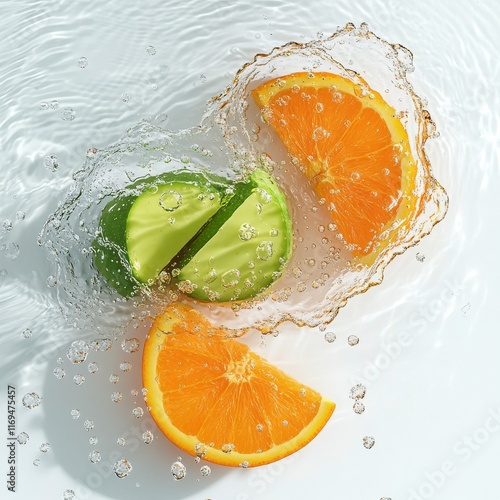 Juicy orange slices splashing in water creating vibrant droplets