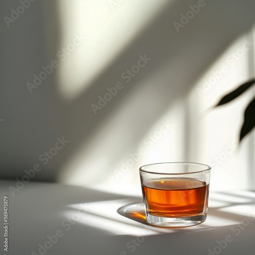 Warm cup of tea on a tranquil surface illuminated by soft sunlight in a cozy ...