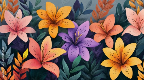 Colorful lilies and leaves create a vibrant floral display in a lush digital ...
