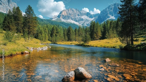 Dolomites landscape showing sorapis lake with clear water flowing through lush green pine forest photo