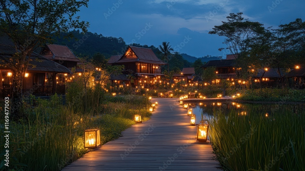 Fototapeta premium Enchanting lakeside retreat at dusk with a wooden walkway illuminated by glowing lanterns reflecting on the still waters of a tranquil lake surrounded by a cozy cabin or cottage in a serene
