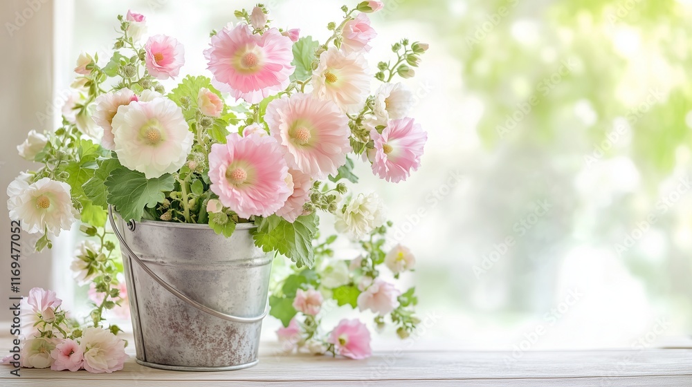 Fototapeta premium A delicate bouquet of pastel hollyhocks in a shabby-chic metal bucket, positioned on a light wooden table with natural light creating a soft, airy atmosphere.