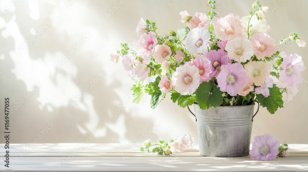 Fototapeta premium A delicate bouquet of pastel hollyhocks in a shabby-chic metal bucket, positioned on a light wooden table with natural light creating a soft, airy atmosphere.