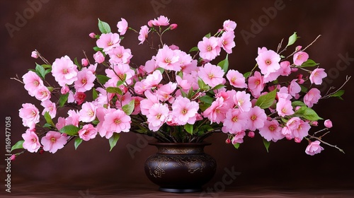 Delicate pink blossoms arranged in a dark vase against a rich brown backdrop. The soft light enhances the beauty of the flowers, creating a serene and elegant mood.