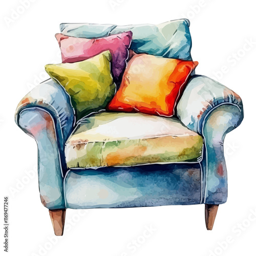 A watercolor vector painting of a comfy armchair with colorful cushions, isolated on a white background. Comfy armchair with colorful cushions vector.

