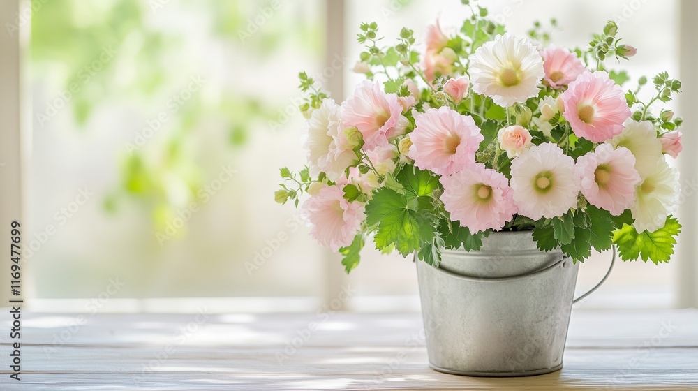 A delicate bouquet of pastel hollyhocks in a shabby-chic metal bucket, positioned on a light wooden table with natural light creating a soft, airy atmosphere. A delicate bouquet of pastel hollyhocks in a shabby-chic metal bucket, positioned on a light wooden table with natural light creating a soft, airy atmosphere.