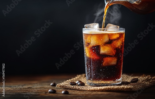 Refreshing iced beverage served in a glass with ice cubes and coffee beans on...