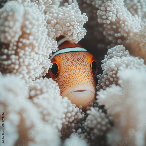 Clownfish navigating through vibrant coral in a serene underwater habitat