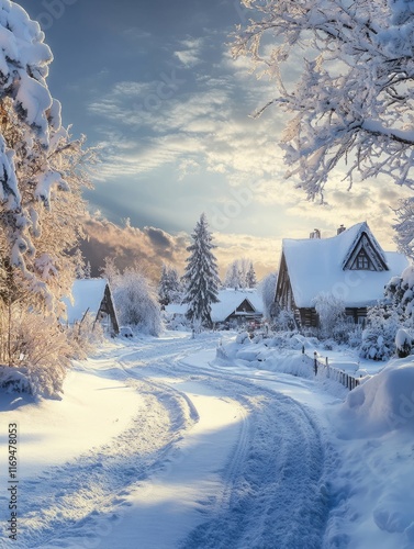 Snowy Village Houses Winter...