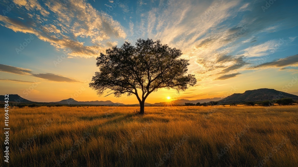 Fototapeta premium Majestic Sunset Over a Lone Tree in a Golden Field Landscape