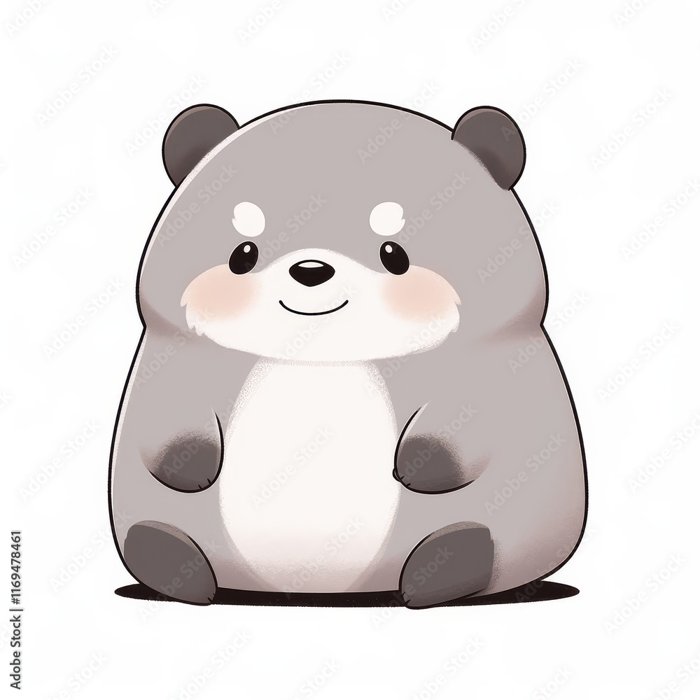 Fototapeta premium A cute cartoon bear character with a round body, smiling softly, featuring gray fur and a light belly, perfect for children's illustrations or playful designs.