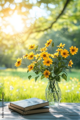Bright yellow flowers beside an open book in a sunlit park with lush greenery