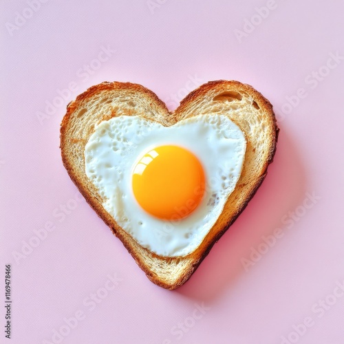 Toast with heart-shaped egg served on a pink background for a breakfast or br...