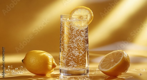 Refreshing sparkling lemon drink with fresh lemons on a vibrant background