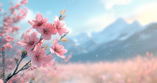 Blooming cherry blossoms in a serene landscape with mountains in the distance...