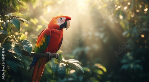 Vibrant parrot perched on a branch amidst lush greenery at sunset