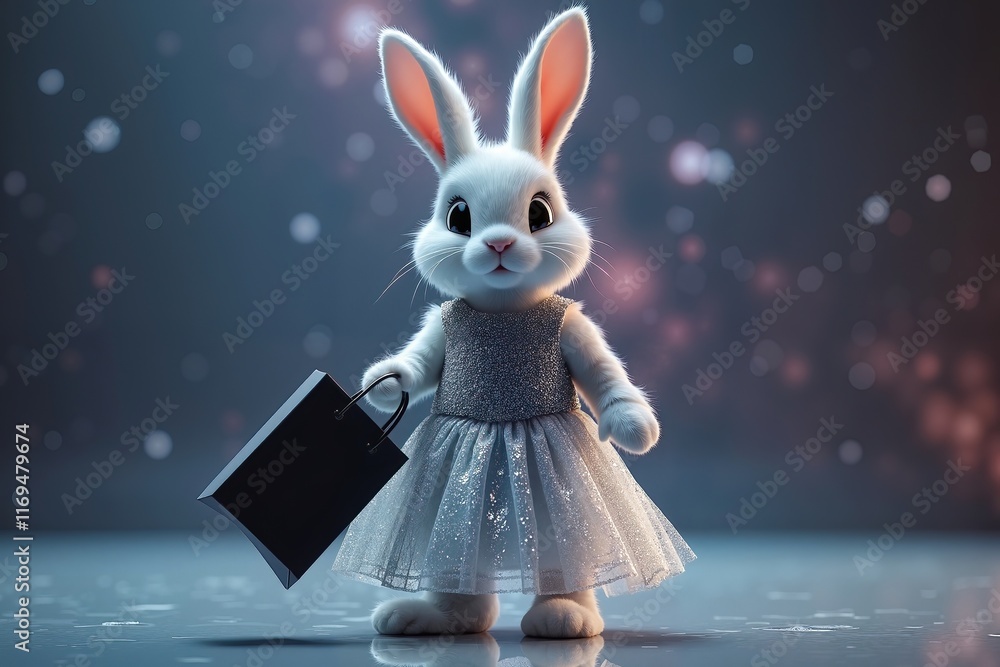 Obraz premium Stylish bunny holding Easter shopping bag on reflective floor, festive fun. Greeting card or holiday poster for Happy Easter promotion