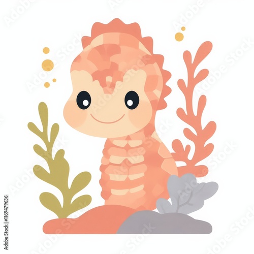 A cute, cartoonish creature resembling a seahorse, surrounded by colorful aquatic plants, exuding a playful and friendly vibe. photo