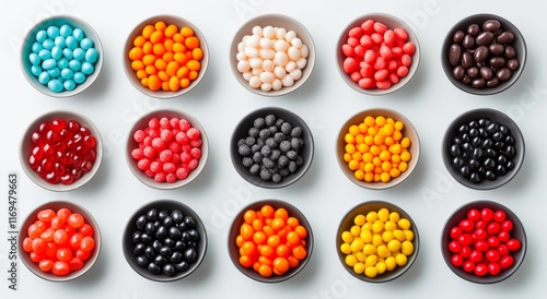 Colorful assortment of candy in various bowls arranged on a white background