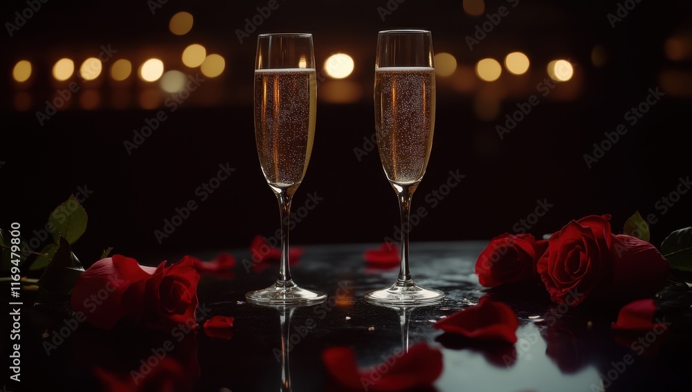 Two glasses of champagne on the table, red roses and rose petals around, black background, bokeh lights, copy space for text Generative AI Two glasses of champagne on the table, red roses and rose petals around, black background, bokeh lights, copy space for text Generative AI