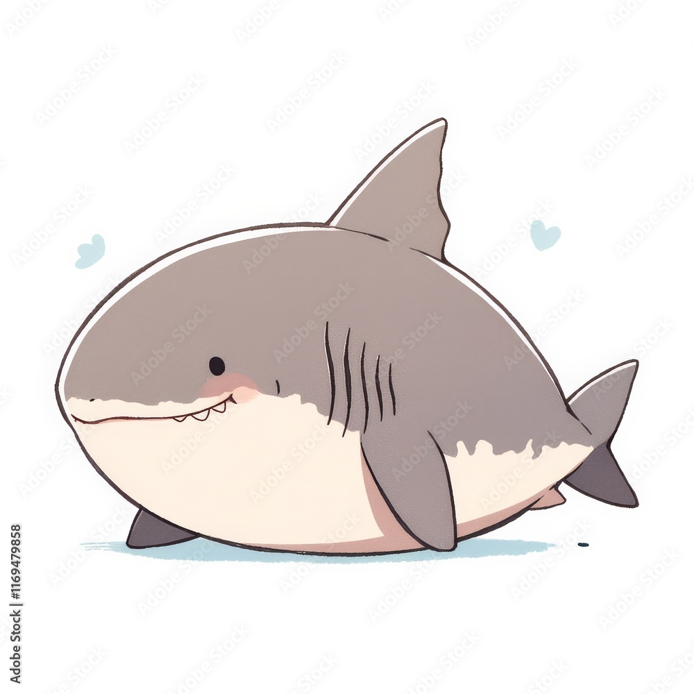 Fototapeta premium A cute, cartoonish shark with a round body and friendly expression, swimming happily in a light blue environment.