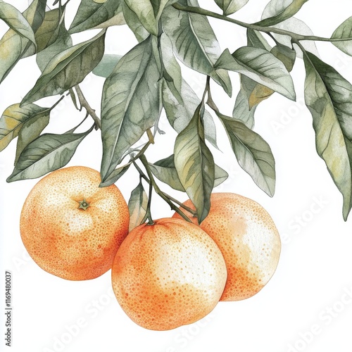 Bright oranges hanging from tree branches in vibrant botanical illustration