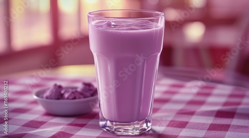 Delicious pink drink served in a glass on a checkered tablecloth at a cozy ca...